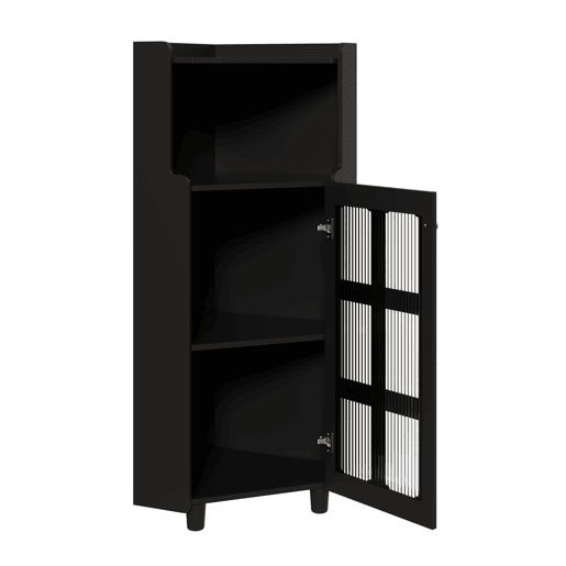 Armário de canto 63,5 x 124 cm - superfície lacada, iluminação LED, controlo por aplicação, design moderno multifuncional - preto Armário de canto 63,5 x 124 cm - superfície lacada, iluminação LED, controlo por aplicação, design moderno multifuncional - preto