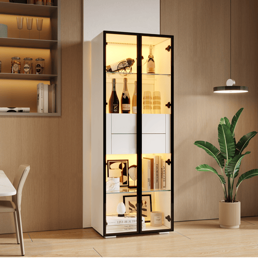 Vitrine 60x40x160 cm - Porta em vidro temperado, LED, 2 prateleiras e 2 gavetas - Preto e branco Vitrine 60x40x160 cm - Porta em vidro temperado, LED, 2 prateleiras e 2 gavetas - Preto e branco
