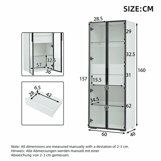 Vitrine 60x40x160 cm - Porta em vidro temperado, LED, 2 prateleiras e 2 gavetas - Preto e branco Vitrine 60x40x160 cm - Porta em vidro temperado, LED, 2 prateleiras e 2 gavetas - Preto e branco