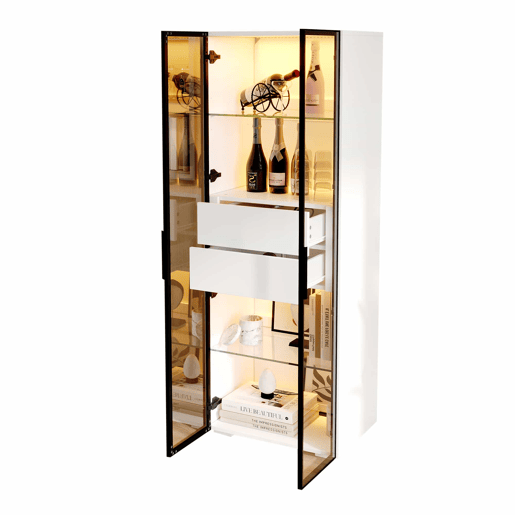 Vitrine 60x40x160 cm - Porta em vidro temperado, LED, 2 prateleiras e 2 gavetas - Preto e branco Vitrine 60x40x160 cm - Porta em vidro temperado, LED, 2 prateleiras e 2 gavetas - Preto e branco