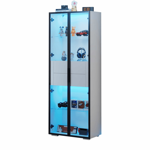 Vitrine 60x40x160 cm - Porta em vidro temperado, LED, 2 prateleiras e 2 gavetas - Preto e branco Vitrine 60x40x160 cm - Porta em vidro temperado, LED, 2 prateleiras e 2 gavetas - Preto e branco