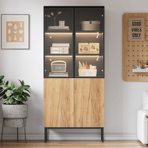 Vitrine com portas de vidro 180 cm - Estante de 5 níveis com luzes LED, para colecionáveis, escritório - PretoCarvalho Vitrine com portas de vidro 180 cm - Estante de 5 níveis com luzes LED, para colecionáveis, escritório - PretoCarvalho