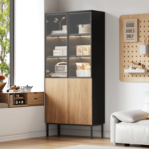 Vitrine com portas de vidro 180 cm - Estante de 5 níveis com luzes LED, para colecionáveis, escritório - PretoCarvalho Vitrine com portas de vidro 180 cm - Estante de 5 níveis com luzes LED, para colecionáveis, escritório - PretoCarvalho