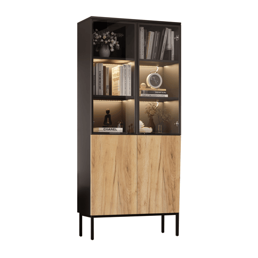 Vitrine com portas de vidro 180 cm - Estante de 5 níveis com luzes LED, para colecionáveis, escritório - PretoCarvalho Vitrine com portas de vidro 180 cm - Estante de 5 níveis com luzes LED, para colecionáveis, escritório - PretoCarvalho