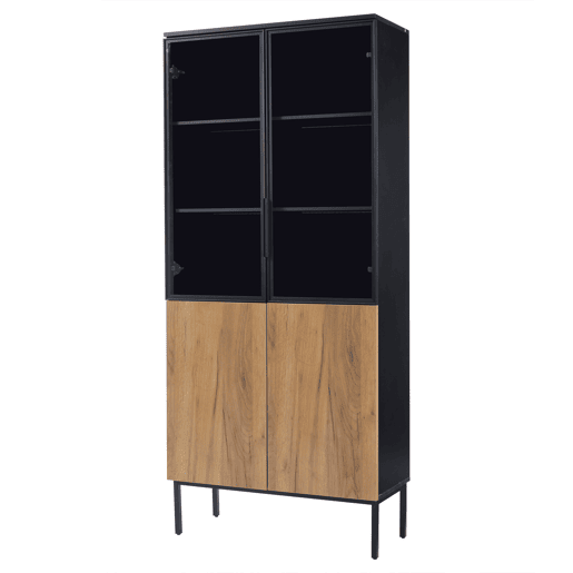 Vitrine com portas de vidro 180 cm - Estante de 5 níveis com luzes LED, para colecionáveis, escritório - PretoCarvalho Vitrine com portas de vidro 180 cm - Estante de 5 níveis com luzes LED, para colecionáveis, escritório - PretoCarvalho