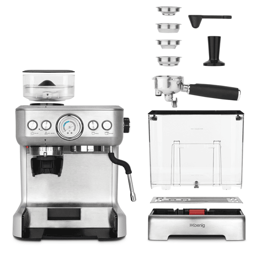 H.KOENIG Cafetera para espresso EXPRO980 con molinillo integrado, 20 Bares, 1620 W, Plata