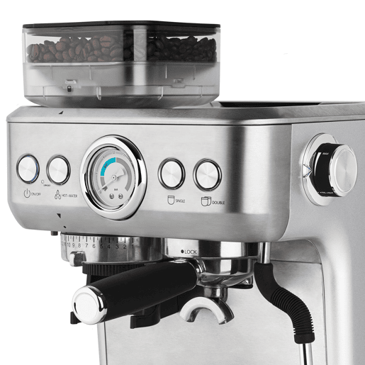 H.KOENIG Cafetera para espresso EXPRO980 con molinillo integrado, 20 Bares, 1620 W, Plata