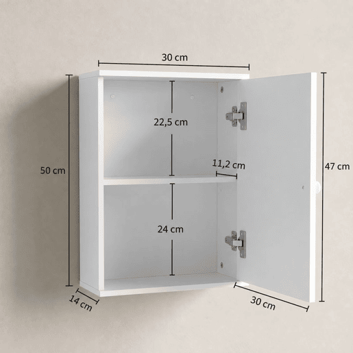 HOMCOM Armário de Parede para Casa de Banho, Armário Suspenso com Porta de Fecho Suave e Prateleira Ajustável, para Cozinha e Lavandaria, 30x14x50 cm, Branco HOMCOM Armário de Parede para Casa de Banho, Armário Suspenso com Porta de Fecho Suave e Prateleira Ajustável, para Cozinha e Lavandaria, 30x14x50 cm, Branco