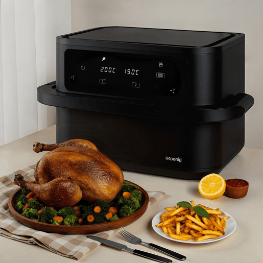 Fritadeira de Ar Dupla FRY960 Hkoenig com Cesto Divisível 10L, 2400W, 8 Programas, Controlo Tátil