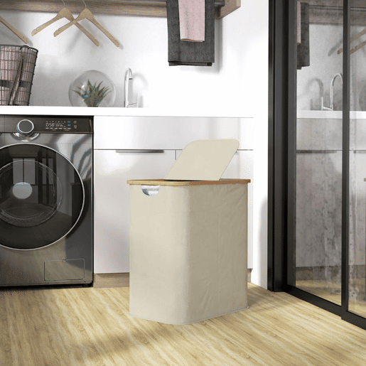 HOMCOM Cesto para Roupa Suja com Tampa 80L, Dobrável, 2 Compartimentos, Tecido Não Tecido e Bambu, 54x34x58,5 cm, Bege HOMCOM Cesto para Roupa Suja com Tampa 80L, Dobrável, 2 Compartimentos, Tecido Não Tecido e Bambu, 54x34x58,5 cm, Bege