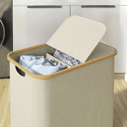 HOMCOM Cesto para Roupa Suja com Tampa 80L, Dobrável, 2 Compartimentos, Tecido Não Tecido e Bambu, 54x34x58,5 cm, Bege HOMCOM Cesto para Roupa Suja com Tampa 80L, Dobrável, 2 Compartimentos, Tecido Não Tecido e Bambu, 54x34x58,5 cm, Bege