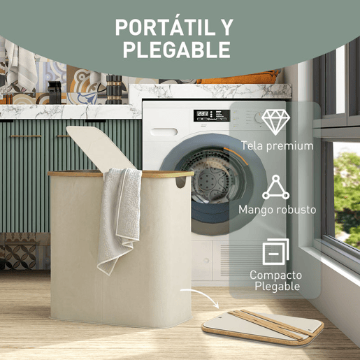 HOMCOM Cesto para Roupa Suja com Tampa 80L, Dobrável, 2 Compartimentos, Tecido Não Tecido e Bambu, 54x34x58,5 cm, Bege HOMCOM Cesto para Roupa Suja com Tampa 80L, Dobrável, 2 Compartimentos, Tecido Não Tecido e Bambu, 54x34x58,5 cm, Bege