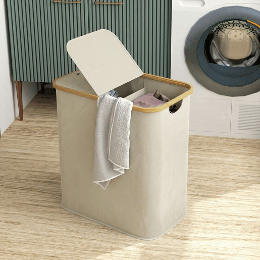 HOMCOM Cesto para Roupa Suja com Tampa 80L, Dobrável, 2 Compartimentos, Tecido Não Tecido e Bambu, 54x34x58,5 cm, Bege HOMCOM Cesto para Roupa Suja com Tampa 80L, Dobrável, 2 Compartimentos, Tecido Não Tecido e Bambu, 54x34x58,5 cm, Bege