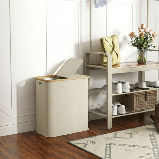 HOMCOM Cesto para Roupa Suja com Tampa 80L, Dobrável, 2 Compartimentos, Tecido Não Tecido e Bambu, 54x34x58,5 cm, Bege HOMCOM Cesto para Roupa Suja com Tampa 80L, Dobrável, 2 Compartimentos, Tecido Não Tecido e Bambu, 54x34x58,5 cm, Bege