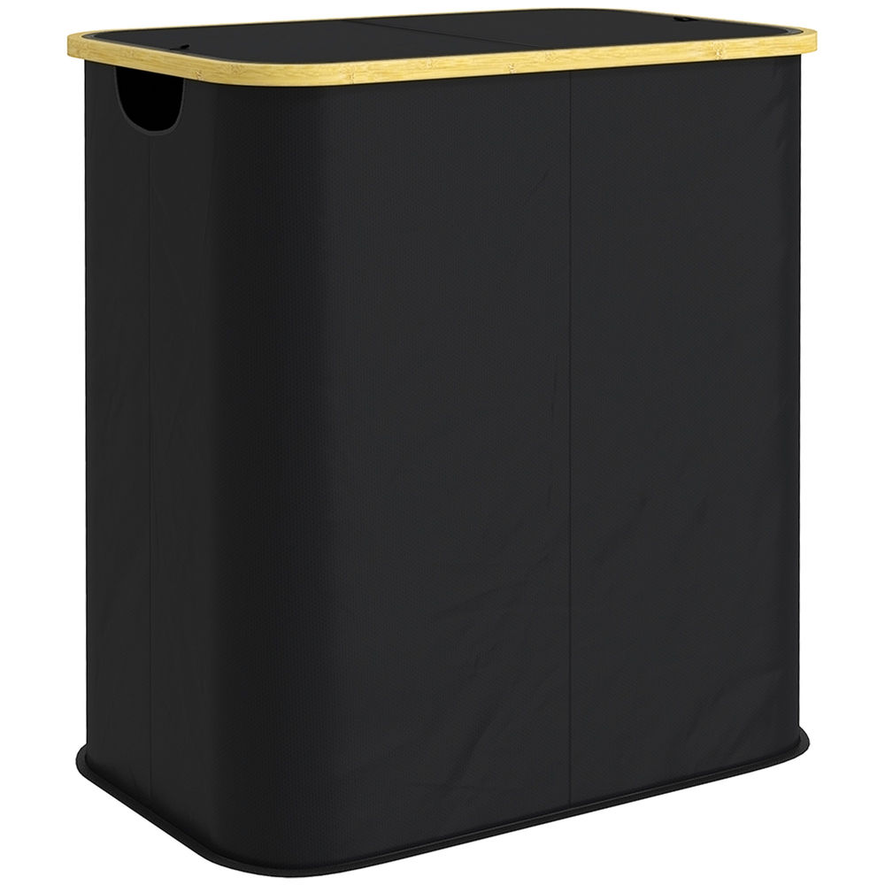 Homcom cesto de ropa sucia con tapa, 80l, cesta de ropa sucia plegable de tela no tejida, marco de bambú, con 2 compartimentos, asas de ranura, para lavandería, 54x34x58,5 cm, negro