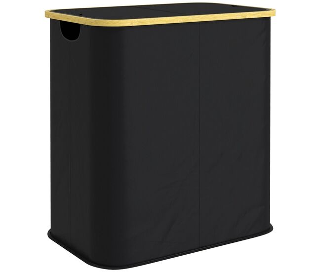 Homcom cesto de ropa sucia con tapa, 80l, cesta de ropa sucia plegable de tela no tejida, marco de bambú, con 2 compartimentos, asas de ranura, para lavandería, 54x34x58,5 cm, negro