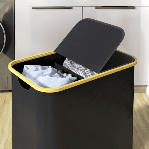 HOMCOM Cesto para Roupa Suja com Tampa 80 L, Dobrável, 2 Compartimentos, Estrutura em Bambu, Preto, 54x34x58,5 cm HOMCOM Cesto para Roupa Suja com Tampa 80 L, Dobrável, 2 Compartimentos, Estrutura em Bambu, Preto, 54x34x58,5 cm