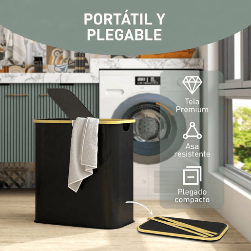 HOMCOM Cesto para Roupa Suja com Tampa 80 L, Dobrável, 2 Compartimentos, Estrutura em Bambu, Preto, 54x34x58,5 cm HOMCOM Cesto para Roupa Suja com Tampa 80 L, Dobrável, 2 Compartimentos, Estrutura em Bambu, Preto, 54x34x58,5 cm
