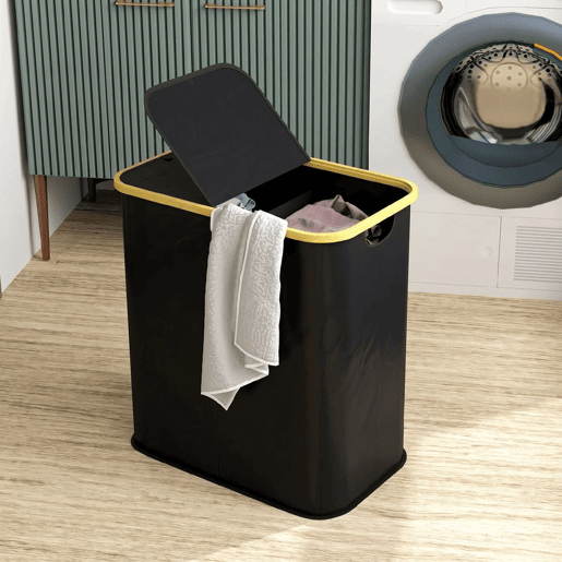 HOMCOM Cesto para Roupa Suja com Tampa 80 L, Dobrável, 2 Compartimentos, Estrutura em Bambu, Preto, 54x34x58,5 cm HOMCOM Cesto para Roupa Suja com Tampa 80 L, Dobrável, 2 Compartimentos, Estrutura em Bambu, Preto, 54x34x58,5 cm