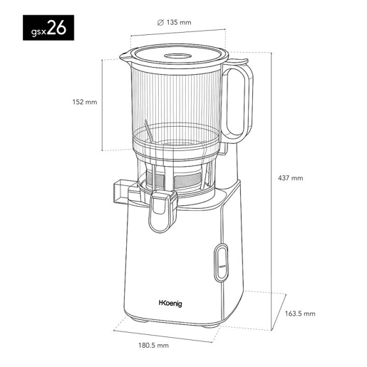 Extrator de sumo lento de grande abertura GSX26 Hkoenig, 50rpm, 1,8L, 250W, cinzento Extrator de sumo lento de grande abertura GSX26 Hkoenig, 50rpm, 1,8L, 250W, cinzento