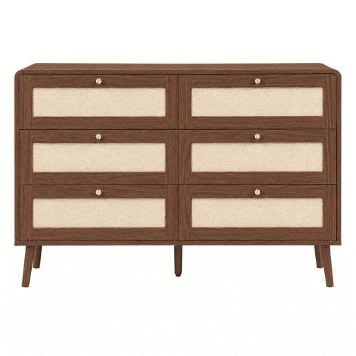 Cómoda de 120 cm u2013 6 gavetas, rattan, veios de madeira, cantos arredondados e pés elevados u2013 Nogueira Cómoda de 120 cm u2013 6 gavetas, rattan, veios de madeira, cantos arredondados e pés elevados u2013 Nogueira