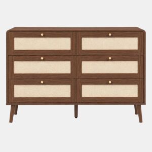 Cómoda de 120 cm u2013 6 gavetas, rattan, veios de madeira, cantos arredondados e pés elevados u2013 Nogueira