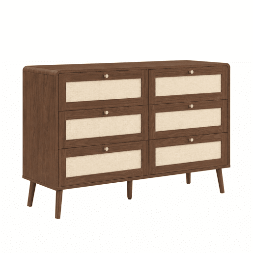 Cómoda de 120 cm u2013 6 gavetas, rattan, veios de madeira, cantos arredondados e pés elevados u2013 Nogueira Cómoda de 120 cm u2013 6 gavetas, rattan, veios de madeira, cantos arredondados e pés elevados u2013 Nogueira