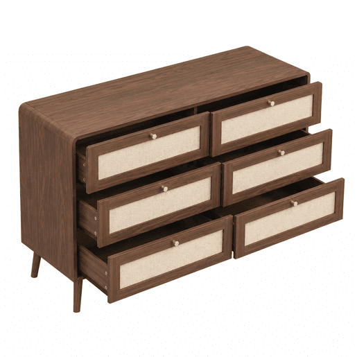 Cómoda de 120 cm u2013 6 gavetas, rattan, veios de madeira, cantos arredondados e pés elevados u2013 Nogueira Cómoda de 120 cm u2013 6 gavetas, rattan, veios de madeira, cantos arredondados e pés elevados u2013 Nogueira