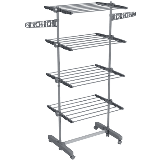 HOMCOM Estendal Vertical Dobrável com 6 Rodas, 2 Abas Rebatíveis, Prateleiras Ajustáveis e Estrutura em Aço Inoxidável para Interior e Exterior, Cinzento e Prateado HOMCOM Estendal Vertical Dobrável com 6 Rodas, 2 Abas Rebatíveis, Prateleiras Ajustáveis e Estrutura em Aço Inoxidável para Interior e Exterior, Cinzento e Prateado