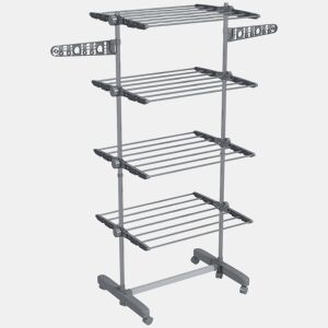 HOMCOM Estendal Vertical Dobrável com 6 Rodas, 2 Abas Rebatíveis, Prateleiras Ajustáveis e Estrutura em Aço Inoxidável para Interior e Exterior, Cinzento e Prateado