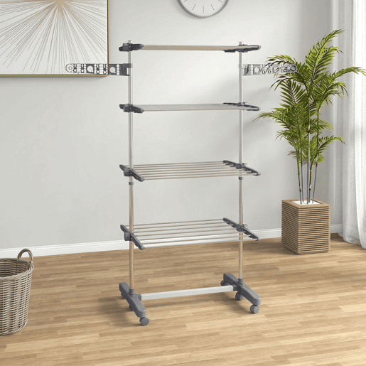 HOMCOM Estendal Vertical Dobrável com 6 Rodas, 2 Abas Rebatíveis, Prateleiras Ajustáveis e Estrutura em Aço Inoxidável para Interior e Exterior, Cinzento e Prateado HOMCOM Estendal Vertical Dobrável com 6 Rodas, 2 Abas Rebatíveis, Prateleiras Ajustáveis e Estrutura em Aço Inoxidável para Interior e Exterior, Cinzento e Prateado