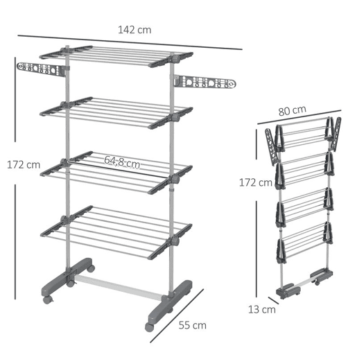 HOMCOM Estendal Vertical Dobrável com 6 Rodas, 2 Abas Rebatíveis, Prateleiras Ajustáveis e Estrutura em Aço Inoxidável para Interior e Exterior, Cinzento e Prateado HOMCOM Estendal Vertical Dobrável com 6 Rodas, 2 Abas Rebatíveis, Prateleiras Ajustáveis e Estrutura em Aço Inoxidável para Interior e Exterior, Cinzento e Prateado