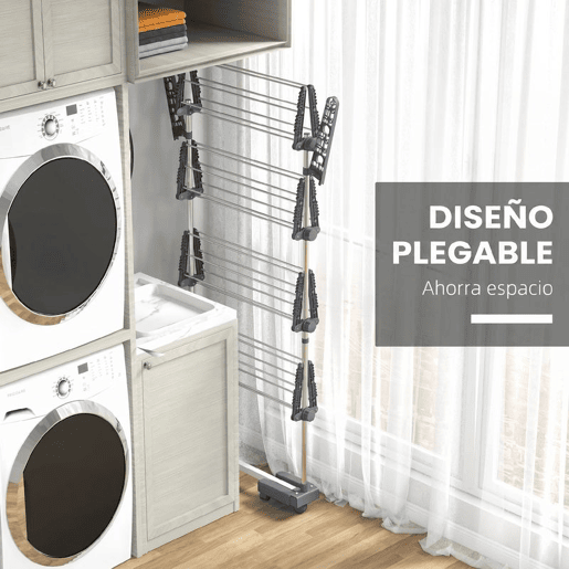 HOMCOM Estendal Vertical Dobrável com 6 Rodas, 2 Abas Rebatíveis, Prateleiras Ajustáveis e Estrutura em Aço Inoxidável para Interior e Exterior, Cinzento e Prateado HOMCOM Estendal Vertical Dobrável com 6 Rodas, 2 Abas Rebatíveis, Prateleiras Ajustáveis e Estrutura em Aço Inoxidável para Interior e Exterior, Cinzento e Prateado