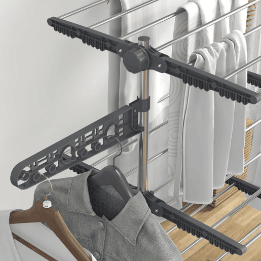 HOMCOM Estendal Vertical Dobrável com 6 Rodas, 2 Abas Rebatíveis, Prateleiras Ajustáveis e Estrutura em Aço Inoxidável para Interior e Exterior, Cinzento e Prateado HOMCOM Estendal Vertical Dobrável com 6 Rodas, 2 Abas Rebatíveis, Prateleiras Ajustáveis e Estrutura em Aço Inoxidável para Interior e Exterior, Cinzento e Prateado