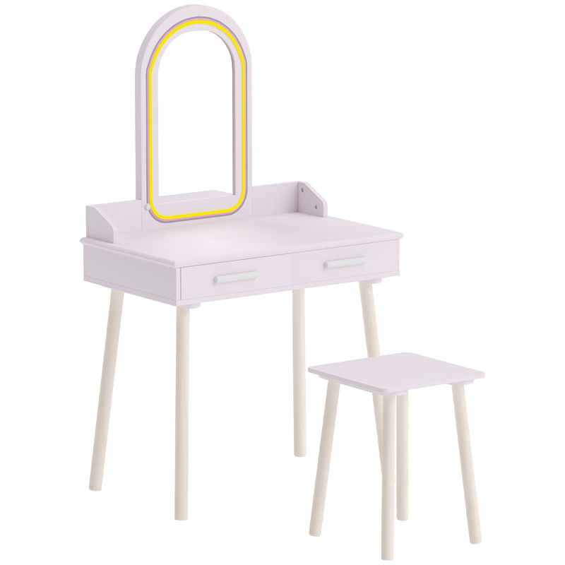 Aiyaplay tocador de maquillaje niña con espejo de led de 3 colores, taburete, 2 cajones, tocador infantil para niños de 3 a 8 años, para habitación infantil, rosa