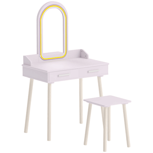 AIYAPLAY Toucador Infantil para Menina com Espelho LED de 3 Cores, Banco e 2 Gavetas, 60x36x100 cm, Rosa AIYAPLAY Toucador Infantil para Menina com Espelho LED de 3 Cores, Banco e 2 Gavetas, 60x36x100 cm, Rosa