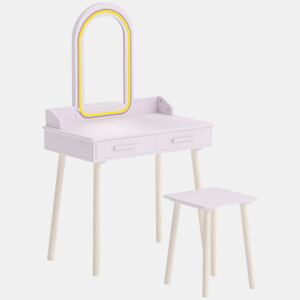 AIYAPLAY Toucador Infantil para Menina com Espelho LED de 3 Cores, Banco e 2 Gavetas, 60x36x100 cm, Rosa