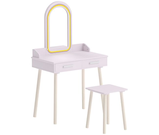 Aiyaplay tocador de maquillaje niña con espejo de led de 3 colores, taburete, 2 cajones, tocador infantil para niños de 3 a 8 años, para habitación infantil, rosa
