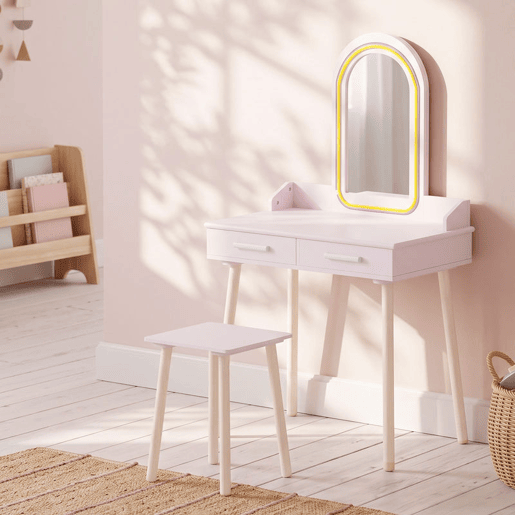 AIYAPLAY Toucador Infantil para Menina com Espelho LED de 3 Cores, Banco e 2 Gavetas, 60x36x100 cm, Rosa AIYAPLAY Toucador Infantil para Menina com Espelho LED de 3 Cores, Banco e 2 Gavetas, 60x36x100 cm, Rosa