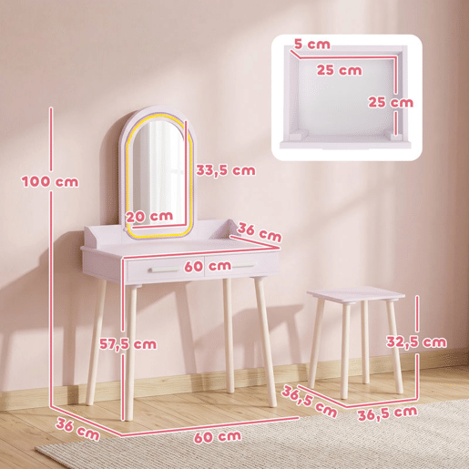 AIYAPLAY Toucador Infantil para Menina com Espelho LED de 3 Cores, Banco e 2 Gavetas, 60x36x100 cm, Rosa AIYAPLAY Toucador Infantil para Menina com Espelho LED de 3 Cores, Banco e 2 Gavetas, 60x36x100 cm, Rosa
