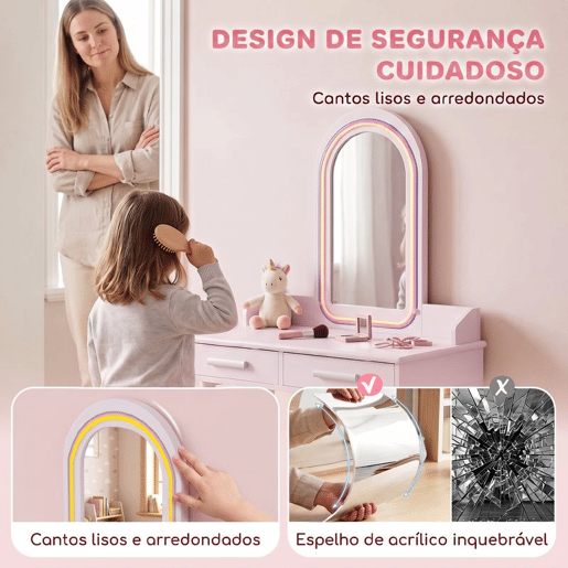 AIYAPLAY Toucador Infantil para Menina com Espelho LED de 3 Cores, Banco e 2 Gavetas, 60x36x100 cm, Rosa AIYAPLAY Toucador Infantil para Menina com Espelho LED de 3 Cores, Banco e 2 Gavetas, 60x36x100 cm, Rosa