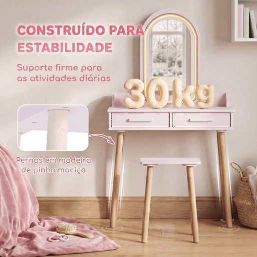 AIYAPLAY Toucador Infantil para Menina com Espelho LED de 3 Cores, Banco e 2 Gavetas, 60x36x100 cm, Rosa AIYAPLAY Toucador Infantil para Menina com Espelho LED de 3 Cores, Banco e 2 Gavetas, 60x36x100 cm, Rosa