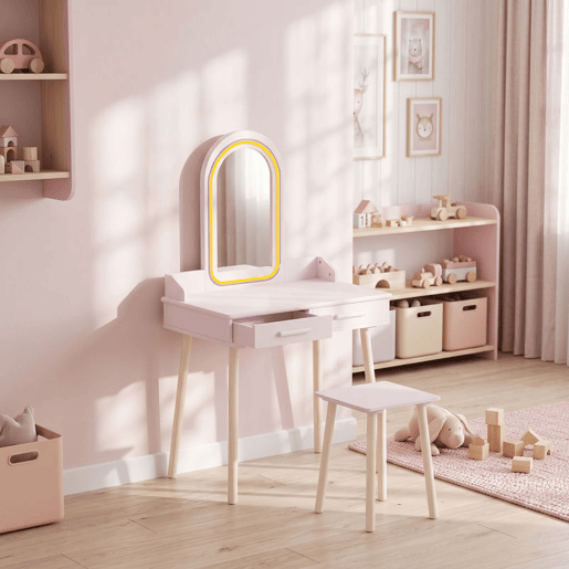 AIYAPLAY Toucador Infantil para Menina com Espelho LED de 3 Cores, Banco e 2 Gavetas, 60x36x100 cm, Rosa AIYAPLAY Toucador Infantil para Menina com Espelho LED de 3 Cores, Banco e 2 Gavetas, 60x36x100 cm, Rosa