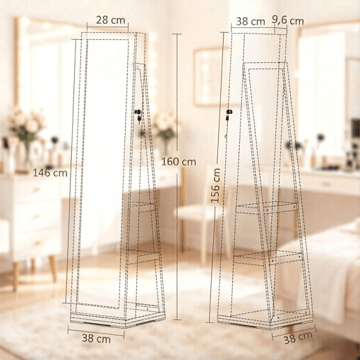 Espelho de pé 38x38x160 cm - giratório com espaço de arrumação para o quarto - branco Espelho de pé 38x38x160 cm - giratório com espaço de arrumação para o quarto - branco