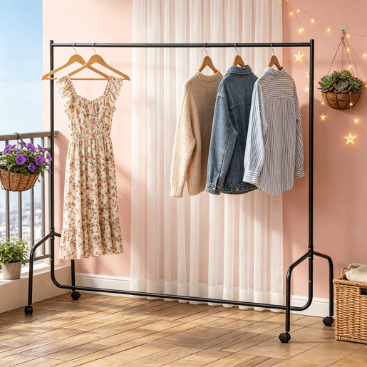 Cabideiro de pé de 175 cm - estrutura metálica móvel para interior e exterior - preto