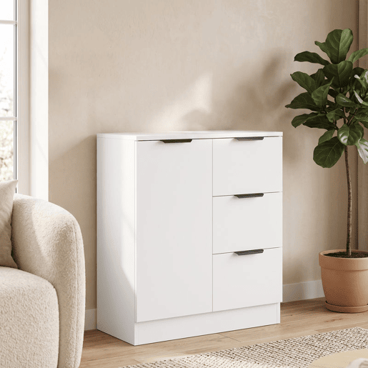HOMCOM Aparador Estreito com 3 Gavetas e Porta de Fecho Suave, Móvel de Arrumação para Cozinha, Entrada ou Sala, 60x30x70 cm, Branco