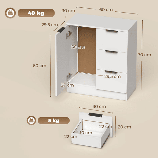 HOMCOM Aparador Estreito com 3 Gavetas e Porta de Fecho Suave, Móvel de Arrumação para Cozinha, Entrada ou Sala, 60x30x70 cm, Branco