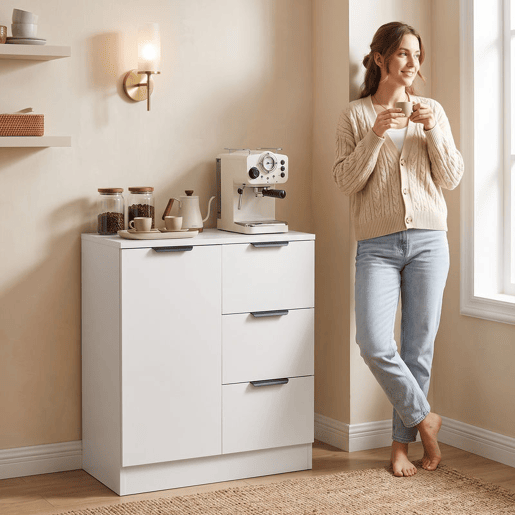 HOMCOM Aparador Estreito com 3 Gavetas e Porta de Fecho Suave, Móvel de Arrumação para Cozinha, Entrada ou Sala, 60x30x70 cm, Branco