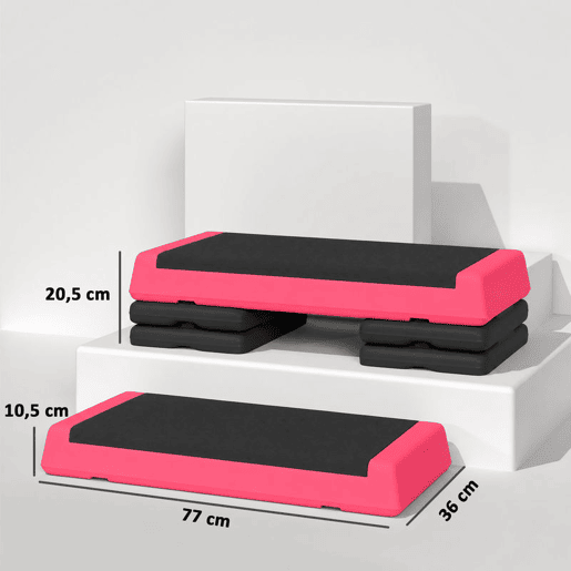 SPORTNOW Step Aeróbico Antiderrapante, Altura Ajustável 10,515,520,5 cm, Carga Máx. 250 kg, 77x36 cm, Rosa e Preto SPORTNOW Step Aeróbico Antiderrapante, Altura Ajustável 10,515,520,5 cm, Carga Máx. 250 kg, 77x36 cm, Rosa e Preto
