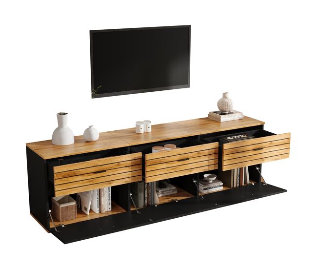 Mueble TV 168 cm de mdf con 2 puertas y 3 cajones,negro+madera